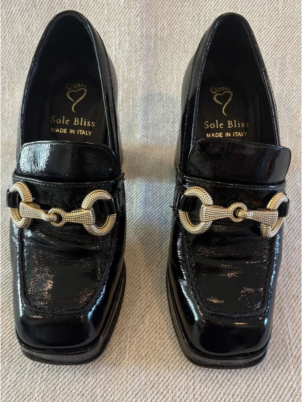 Sole Bliss Genevieve Black Patent Leather Heeled Horsebit Loafers Size 37 US 6